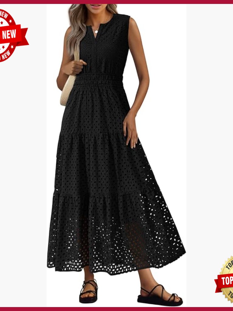 Sleeveless V-Neck Maxi Dress A-Line Eyelet Cotton Summer Wedding Guest